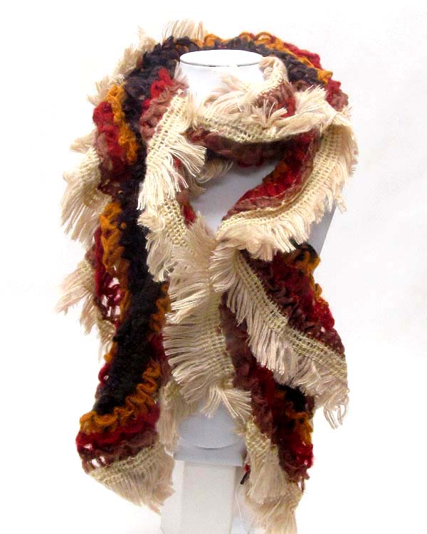 Ruffle and fringe mix and twist scarf