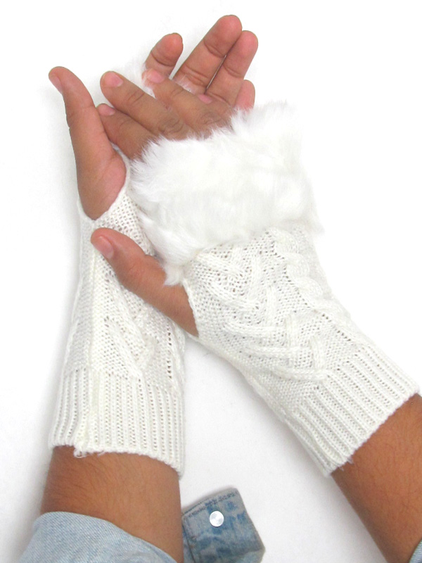 Fur top knit glove - open finger