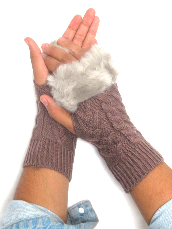 Fur top knit glove - open finger