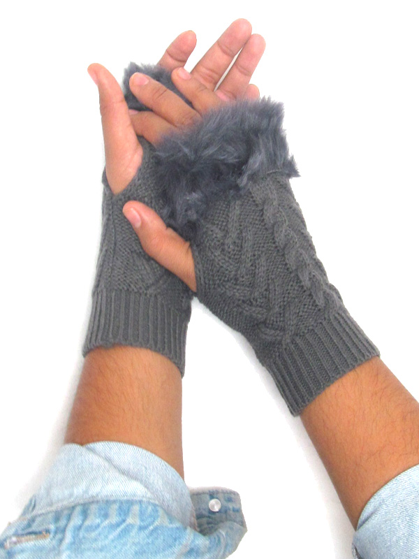 Fur top knit glove - open finger