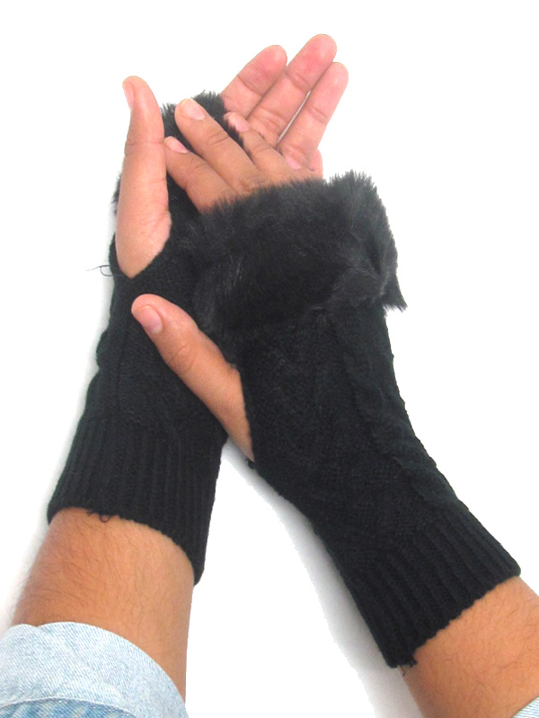 Fur top knit glove - open finger