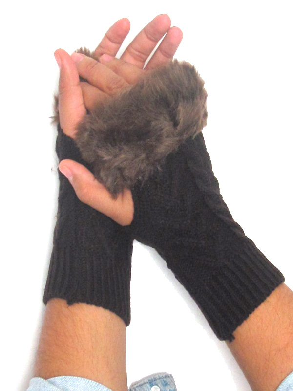 Fur top knit glove - open finger