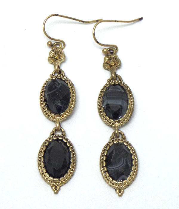 Stone with textured metal borders hook earrings 