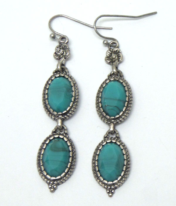 Stone with textured metal borders hook earrings 