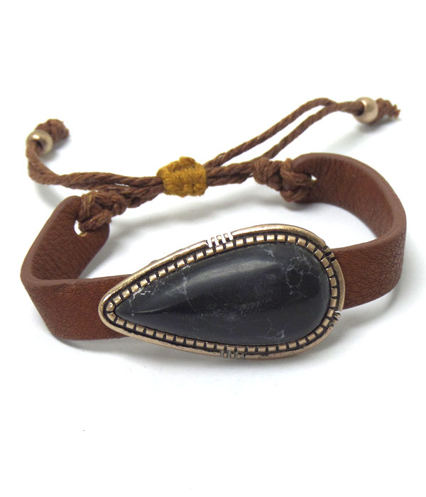 HANDMADE SEMI PRECIOUS TEARDROP SHAPE STONE AND LEATHERETTE PULL TIE BRACELET