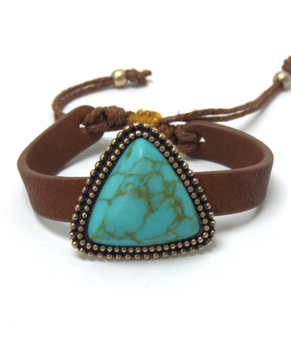 Handmade semi precious triangle shape stone and leatherette pull tie bracelet