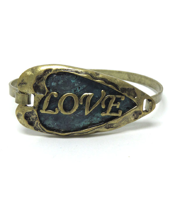 Rustic vintage leaf with love theme bangle bracelet