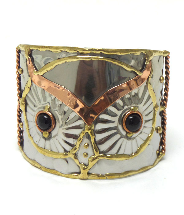 Handmade brass metal owl with stones cuff bracelet