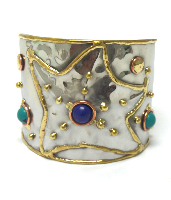 Handmade brass metal star with multi stones cuff bracelet