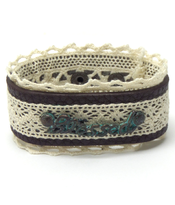 Lace with leatherette blesed theme button bracelet