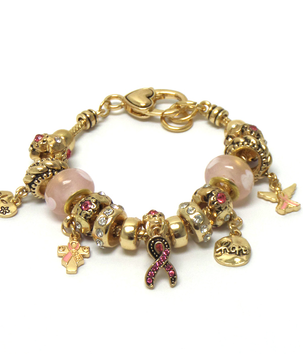 Breast cancer awareness pandora style pink ribbon charm metal bracelet