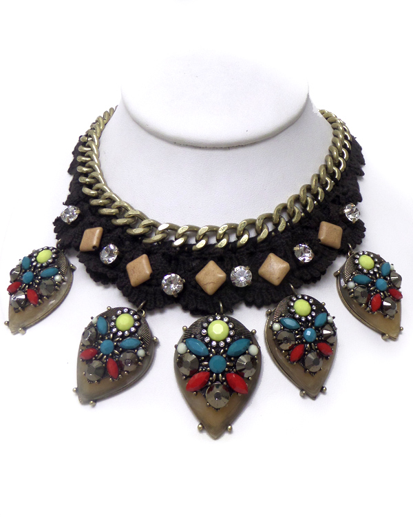 Layer chain and cloth with stones teardrop  necklace