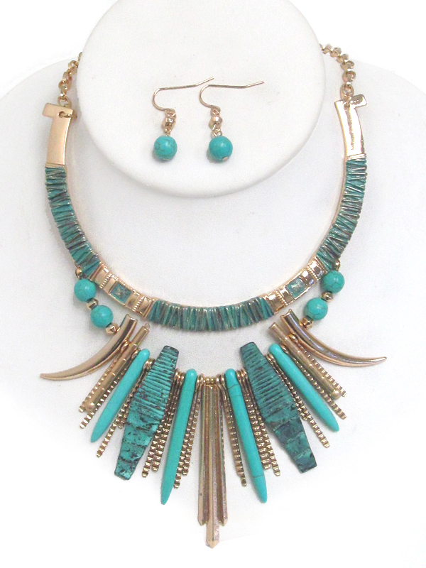 Textured metal bar mix drop half choker necklace set