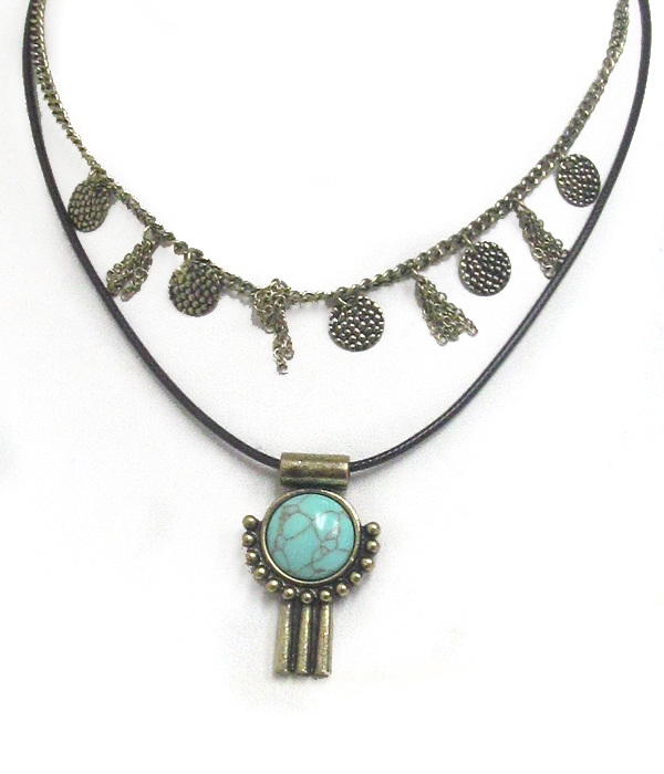 Bohemian style double layer metal leafs drop chain and cord choker set