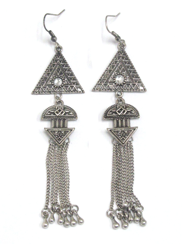 TRIANGLE TEXTURED TRIANGLE AND TASSEL DROP FISH HOOK EARRINGS 