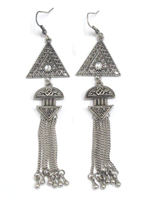 Triangle textured triangle and tassel drop fish hook earrings 