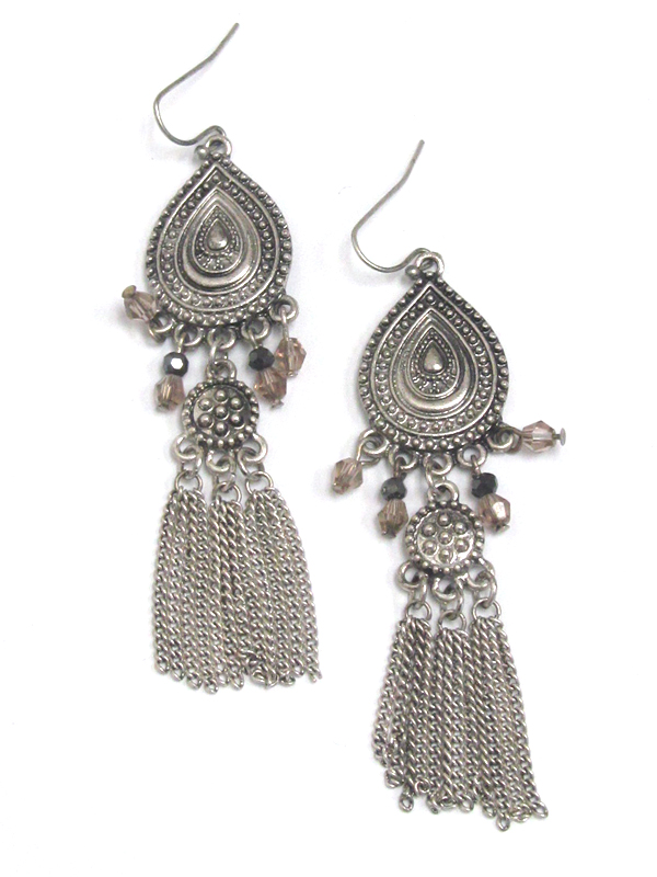 Teardrop shape metal textured tassel drop fish hook earrings 