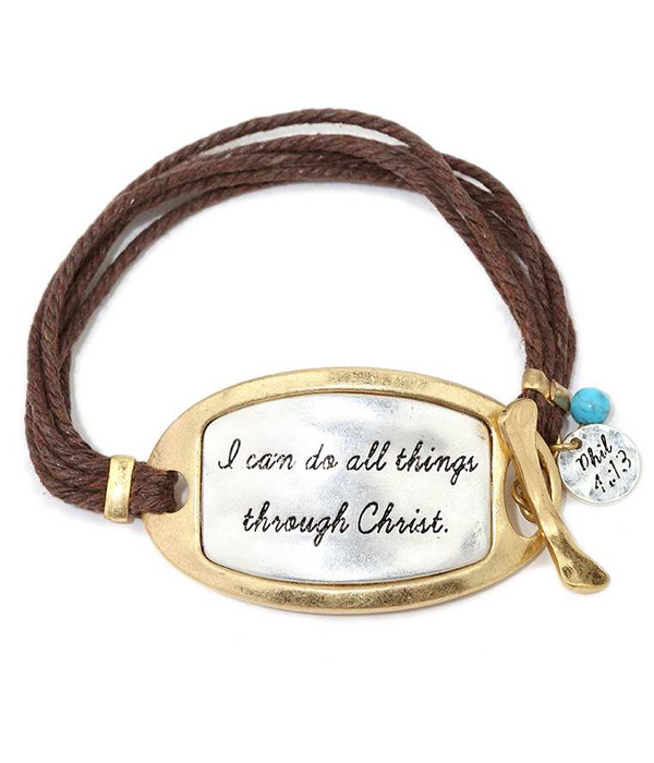 Handmade religious theme metal plate and multi wax cord toggle bracelet - phil 4:13