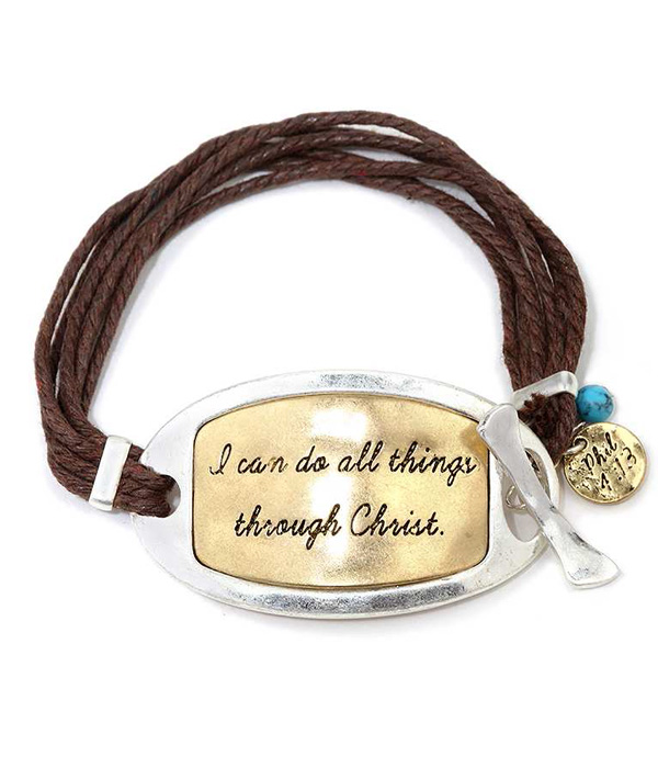 HANDMADE RELIGIOUS THEME METAL PLATE AND MULTI WAX CORD TOGGLE BRACELET - PHIL 4:13