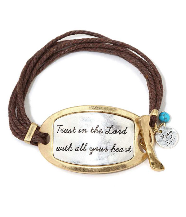Handmade religious theme metal plate and multi wax cord toggle bracelet - prov 3:5
