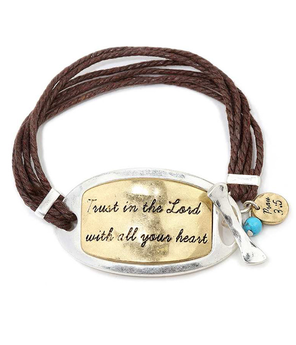 HANDMADE RELIGIOUS THEME METAL PLATE AND MULTI WAX CORD TOGGLE BRACELET - PROV 3:5