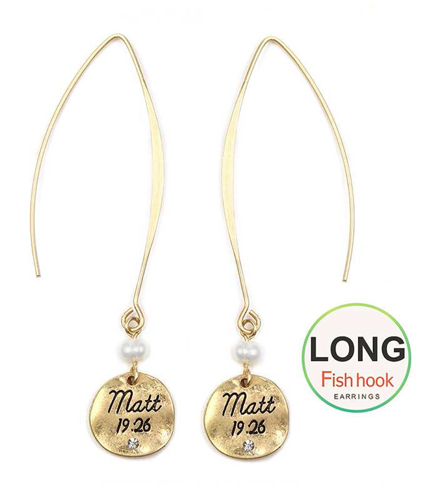 Message metal disk long fish hook earring
