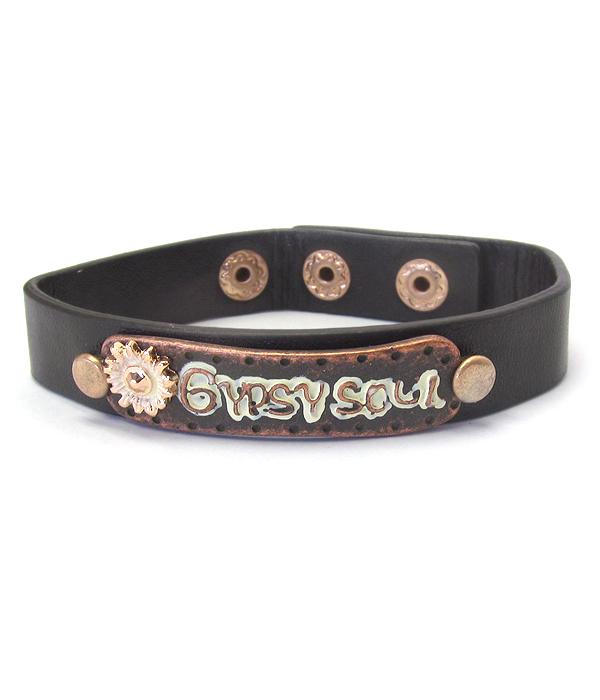 METAL PLATE AND LEATHER BRACELET - GYPSY SOUL