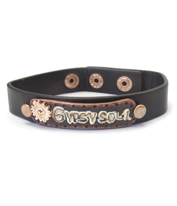 Metal plate and leather bracelet - gypsy soul