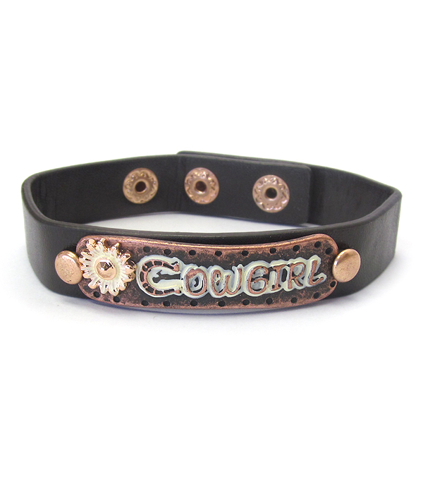 Metal plate and leather bracelet - cow girl