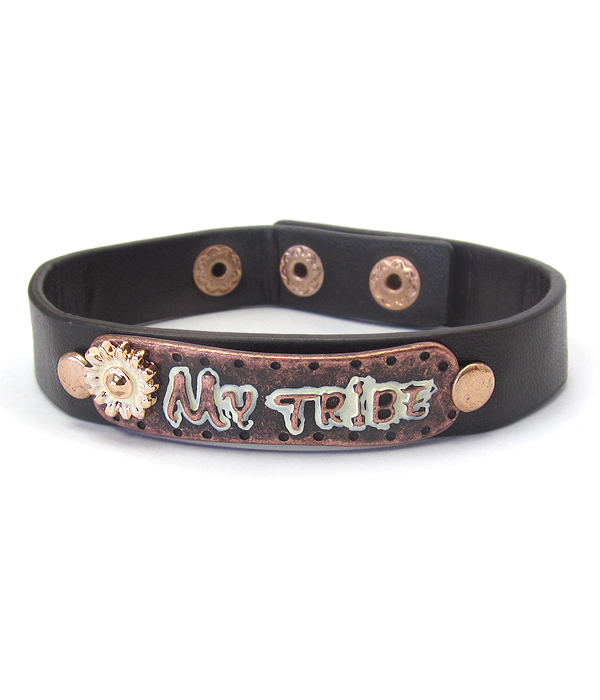METAL PLATE AND LEATHER BRACELET - MY TRIBE