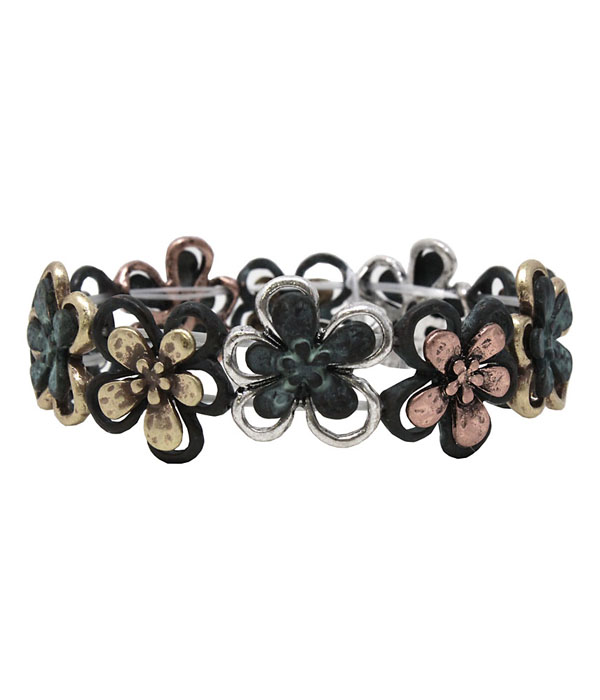 VINTAGE METAL MULTI FLOWER LINK STRETCH BRACELET