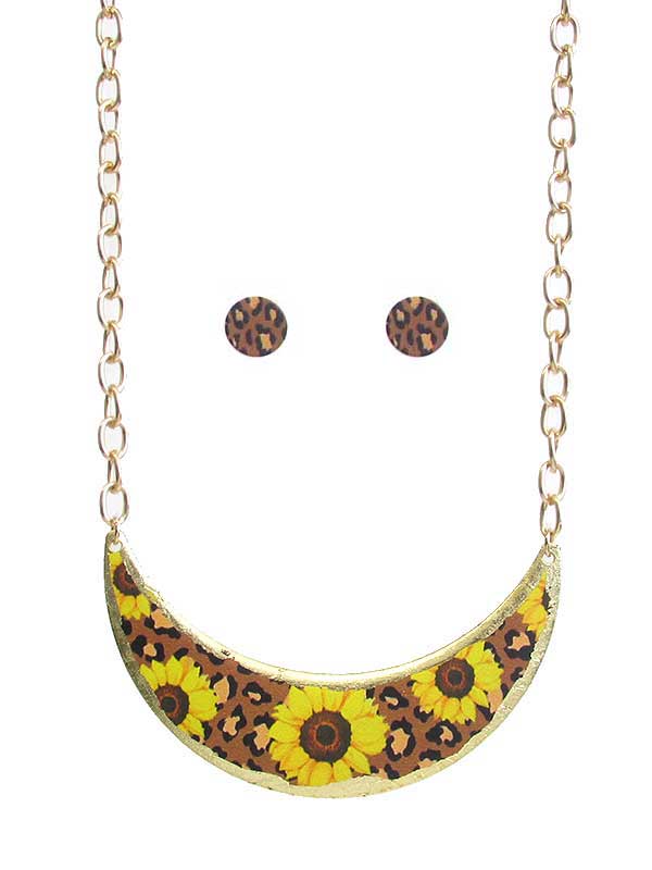Sunflower print crescent pendant necklace set