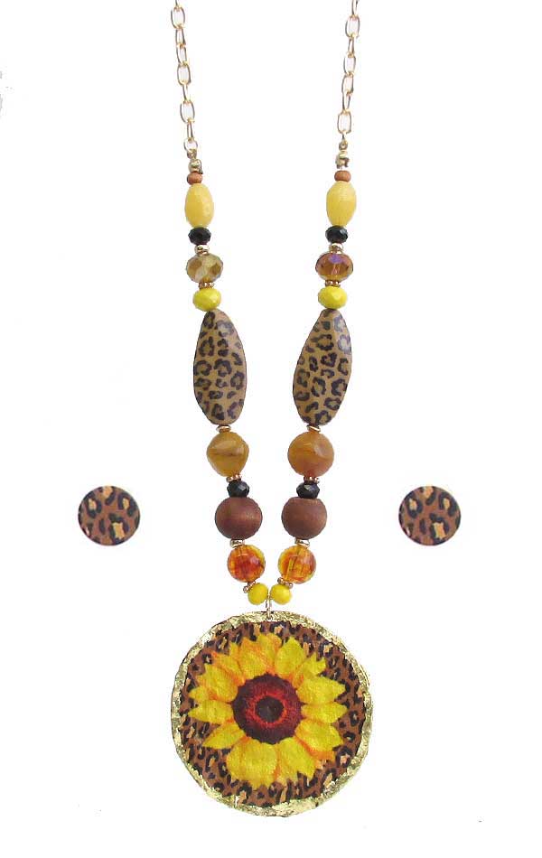 SUN FLOWER AND ANIMAL PRINT BEADS NECKLACE EARRING SET
