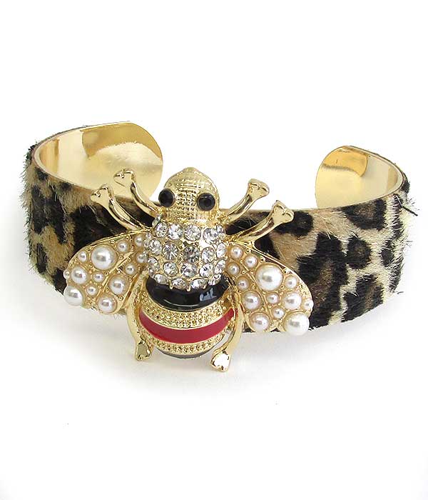 Crystal and pearl bee bangle bracelet - animal print