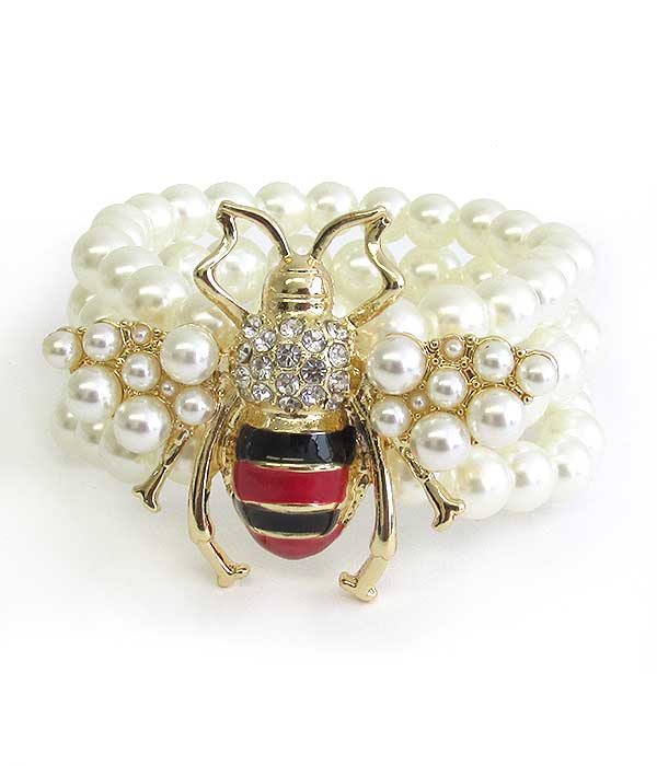 CRYSTAL AND PEARL BEE STRETCH BRACELET