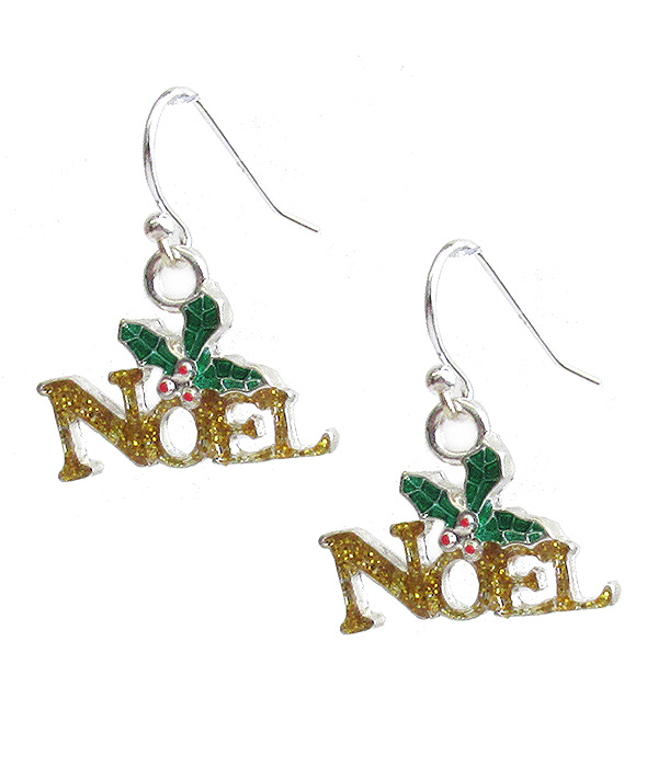 CHRISTMAS THEME HOLLY LEAVES AND NOEL EARRING