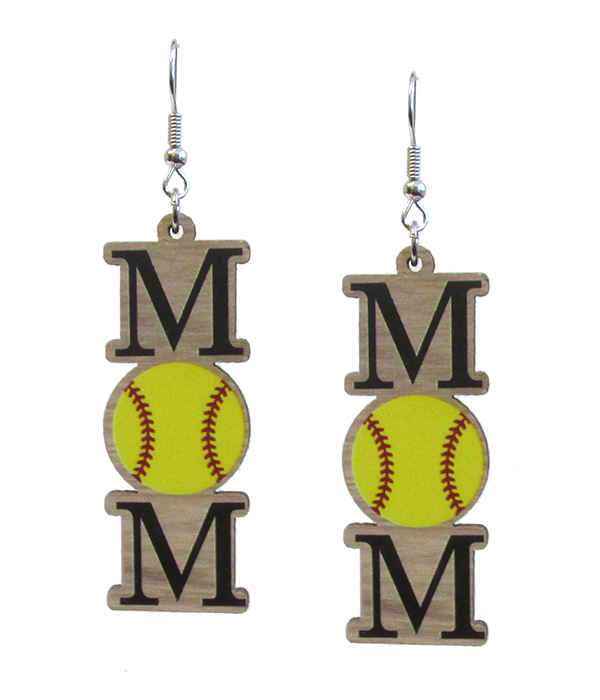 SPORT THEME WOODEN EARRING - SOFTBALL MOM