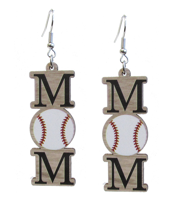 SPORT THEME WOODEN EARRING - BASEBALL MOM