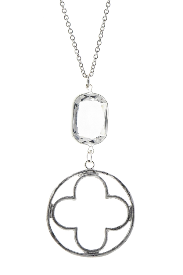 Facet stone and clover pendant long necklace