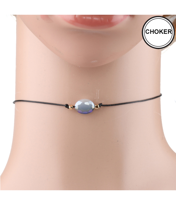 GLASS BEAD LEATHERETTE CORD CHOKER NECKLACE