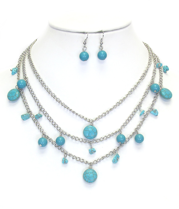 Turquoise dangle 3 layer chain necklace set