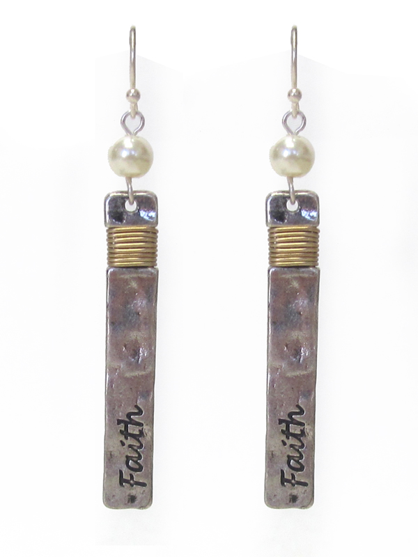 Hammered metal bar and wire wrap earring - faith