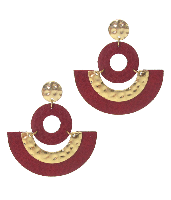 Hammered metal and leather earring