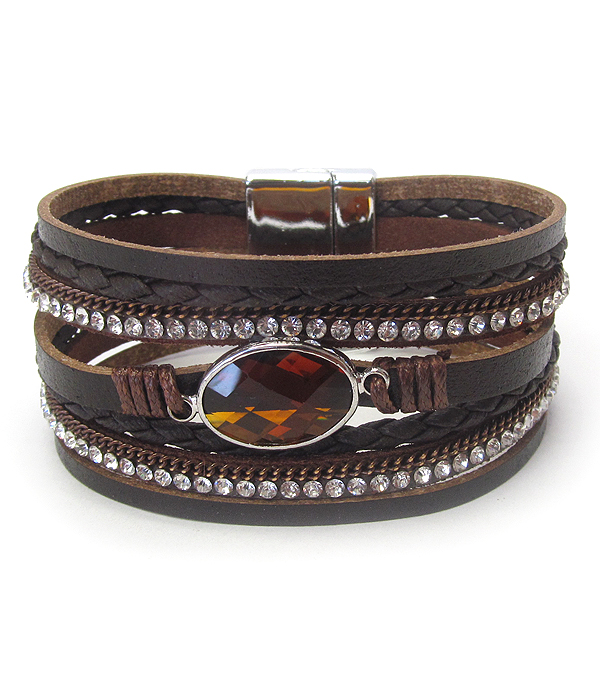 Facet glass and multi row leatherette magnetic bracelet
