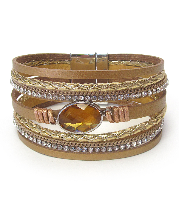 FACET GLASS AND MULTI ROW LEATHERETTE MAGNETIC BRACELET