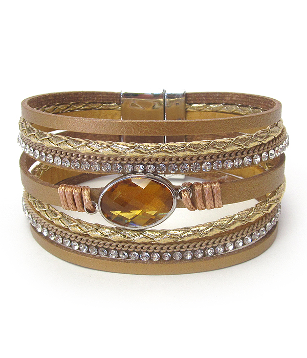 Facet glass and multi row leatherette magnetic bracelet