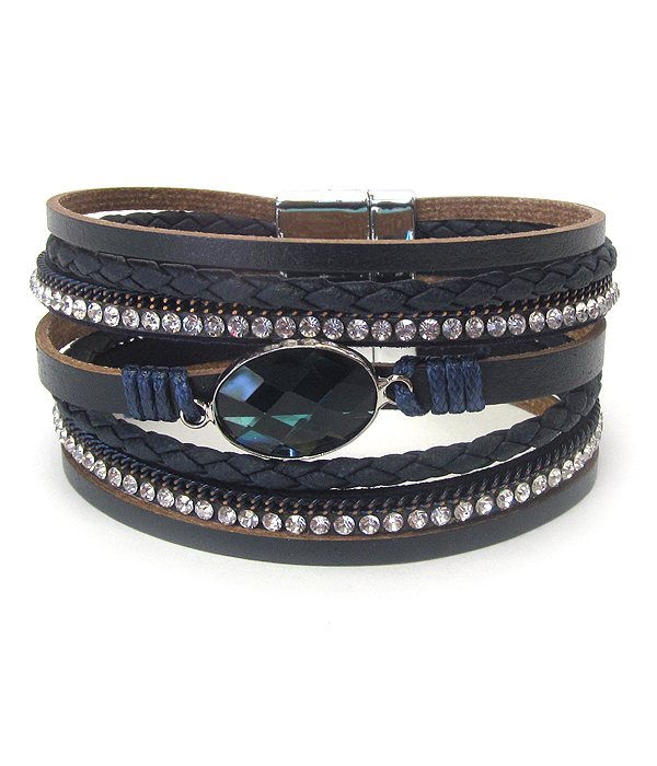 Facet glass and multi row leatherette magnetic bracelet