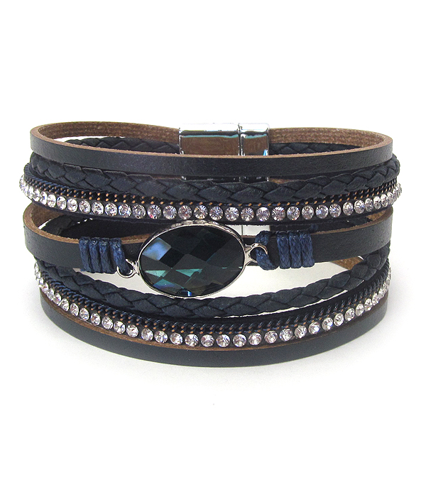 FACET GLASS AND MULTI ROW LEATHERETTE MAGNETIC BRACELET