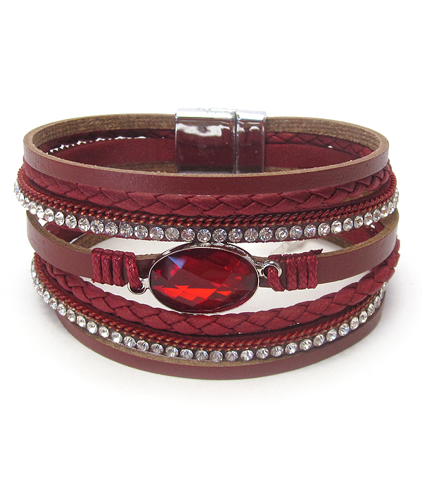 Facet glass and multi row leatherette magnetic bracelet