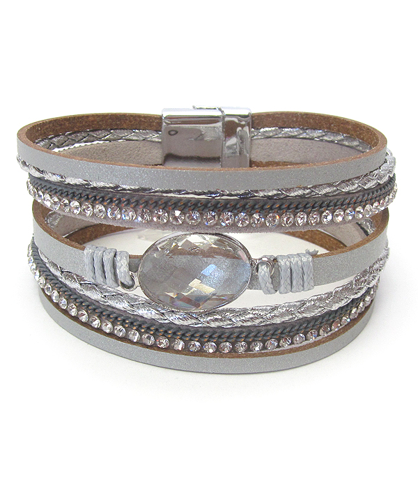 FACET GLASS AND MULTI ROW LEATHERETTE MAGNETIC BRACELET